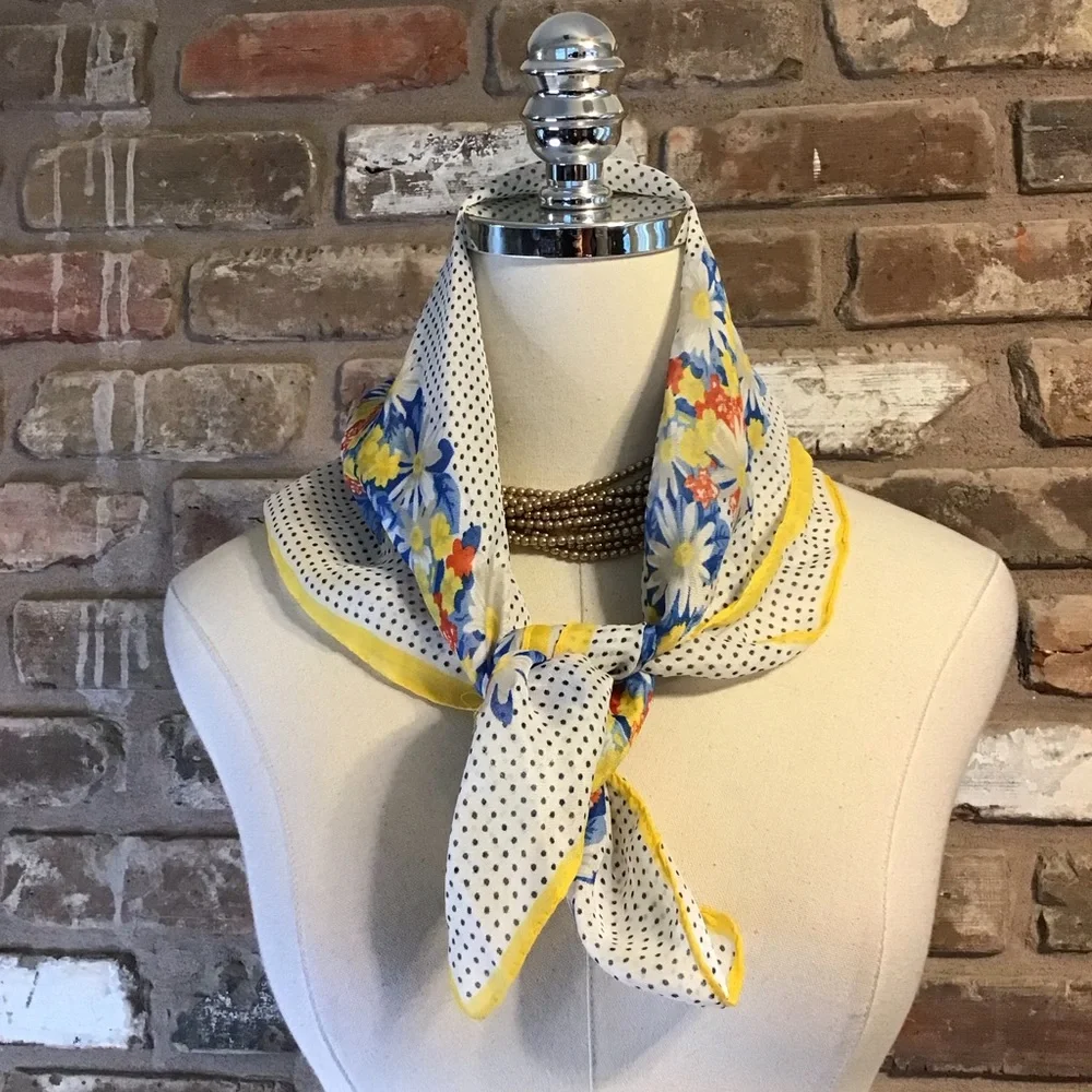 MORSLY Women's Vintage Italian Daisy Floral Yellow White Blue Polka Dot Scarf